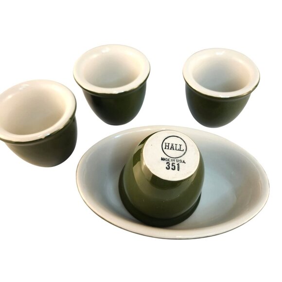 Vintage Hall Pottery Cups & Oval Dish Set Olive Green White USA Made - Picture 3 of 13